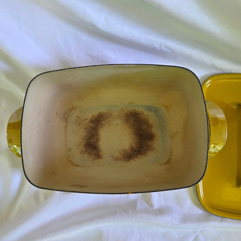 Vintage Mustard Yellow Enameled Cast Iron Rectangular Dutch Oven Roaster Lid - Picture 13 of 15
